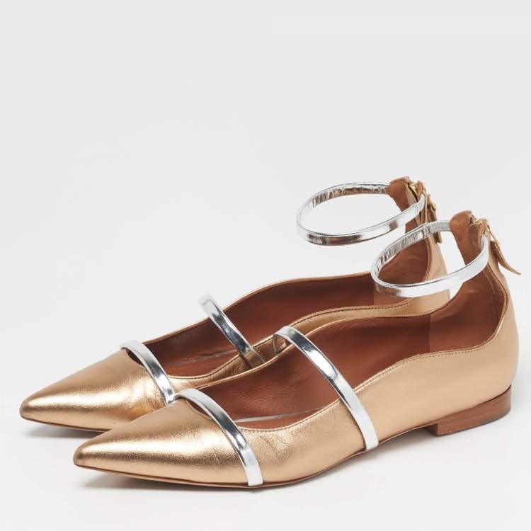 مملوكة مسبقًا Malone Souliers Maureen Size 38 Gold/Silver Leather Ankle Strap Ballet Flats