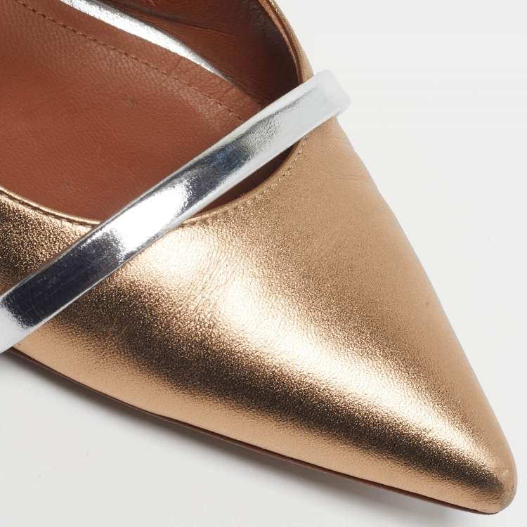 مملوكة مسبقًا Malone Souliers Maureen Size 38 Gold/Silver Leather Ankle Strap Ballet Flats