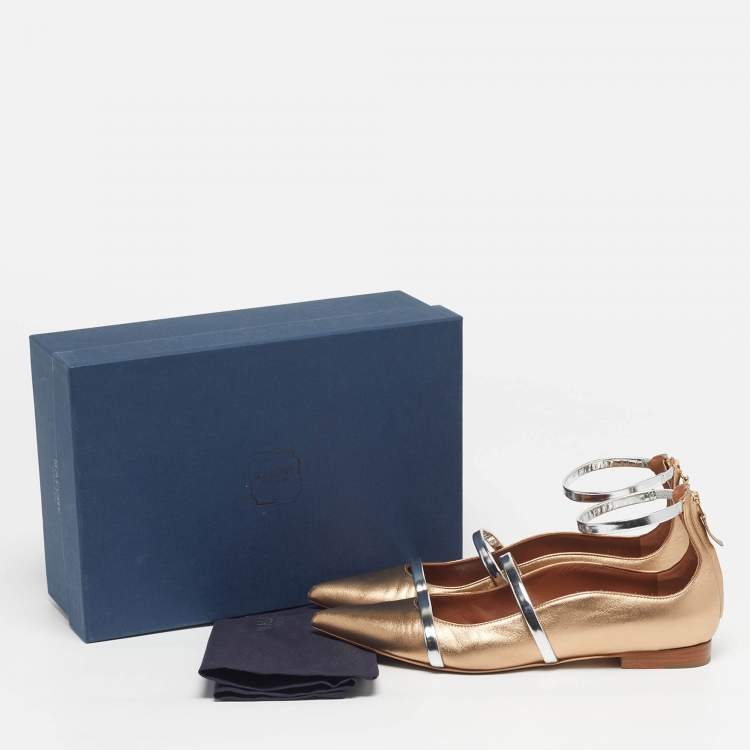 مملوكة مسبقًا Malone Souliers Maureen Size 38 Gold/Silver Leather Ankle Strap Ballet Flats