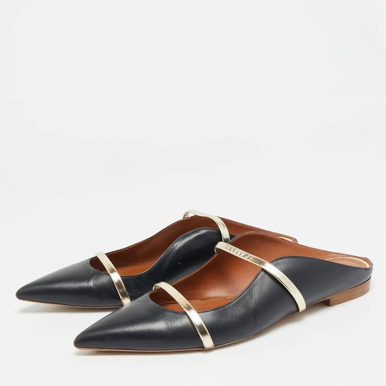 Pre Owned Malone Souliers Maureen Size 43 Navy Blue/Gold Leather Flat Mules