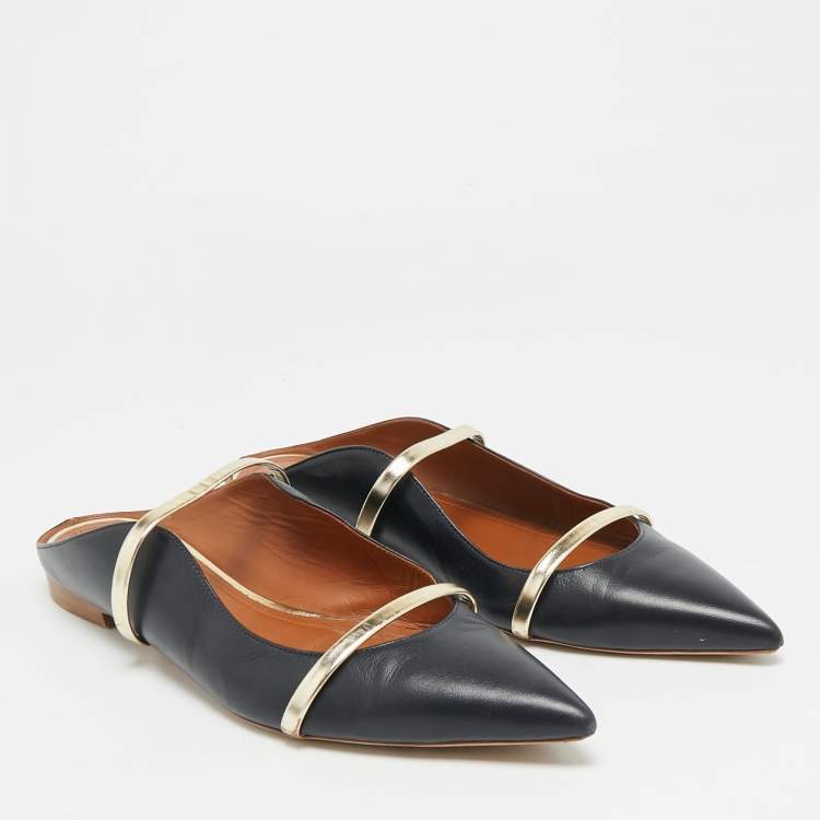 Pre Owned Malone Souliers Maureen Size 43 Navy Blue/Gold Leather Flat Mules