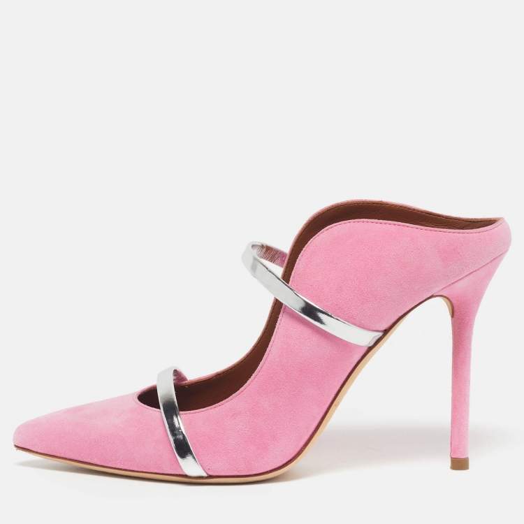 Pre Owned Malone Souliers Maureen Size 37 Pink/Silver Leather and Suede Mules