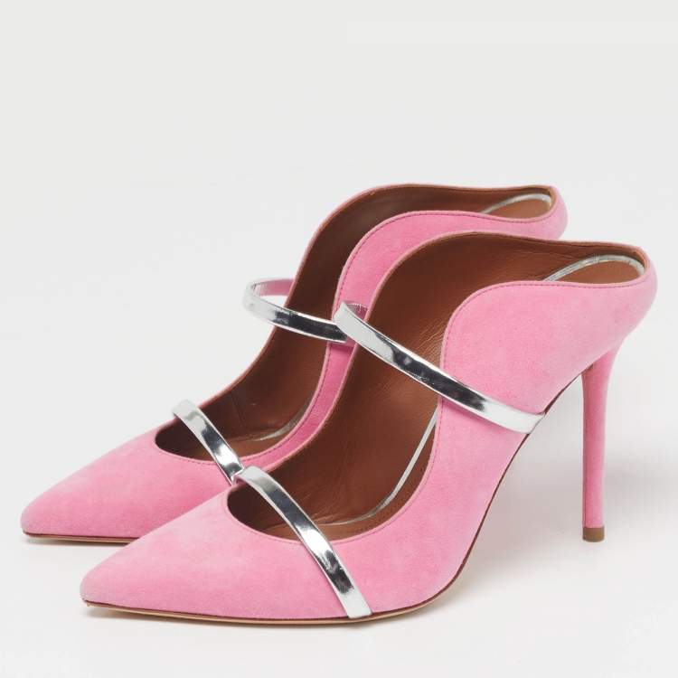 Pre Owned Malone Souliers Maureen Size 37 Pink/Silver Leather and Suede Mules