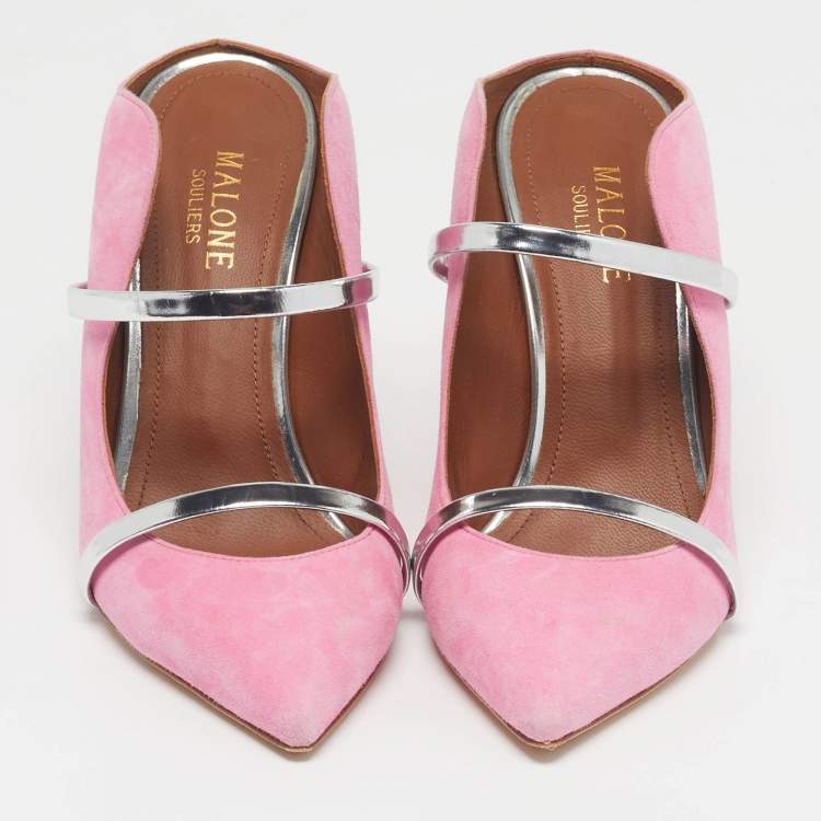 Pre Owned Malone Souliers Maureen Size 37 Pink/Silver Leather and Suede Mules
