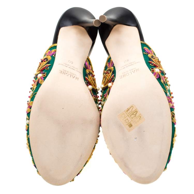Pre Owned Malone Souliers Green Floral Embroidered Satin Peep Toe Mules Size 40
