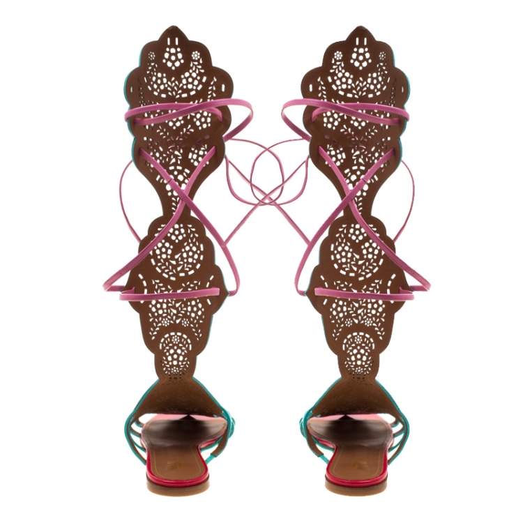 Pre Owned Malone Souliers Mint Green/Pink Laser Cut Suede and Leather Ida Gladiator Flat Sandals Size 41