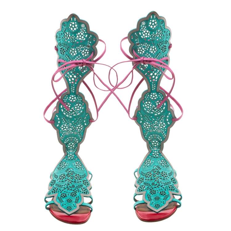 Pre Owned Malone Souliers Mint Green/Pink Laser Cut Suede and Leather Ida Gladiator Flat Sandals Size 41