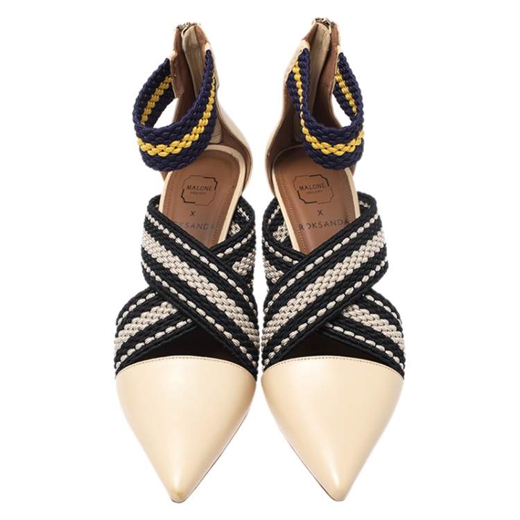 Pre Owned Malone Souliers Multicolor Woven Fabric and Leather Criss Cross Pointed Toe Sandals Size 40