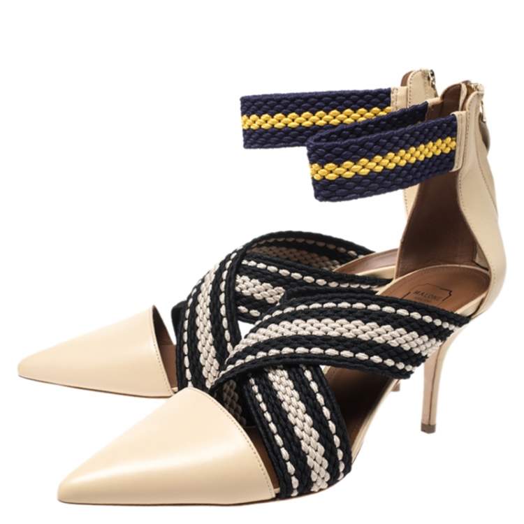 Pre Owned Malone Souliers Multicolor Woven Fabric and Leather Criss Cross Pointed Toe Sandals Size 40