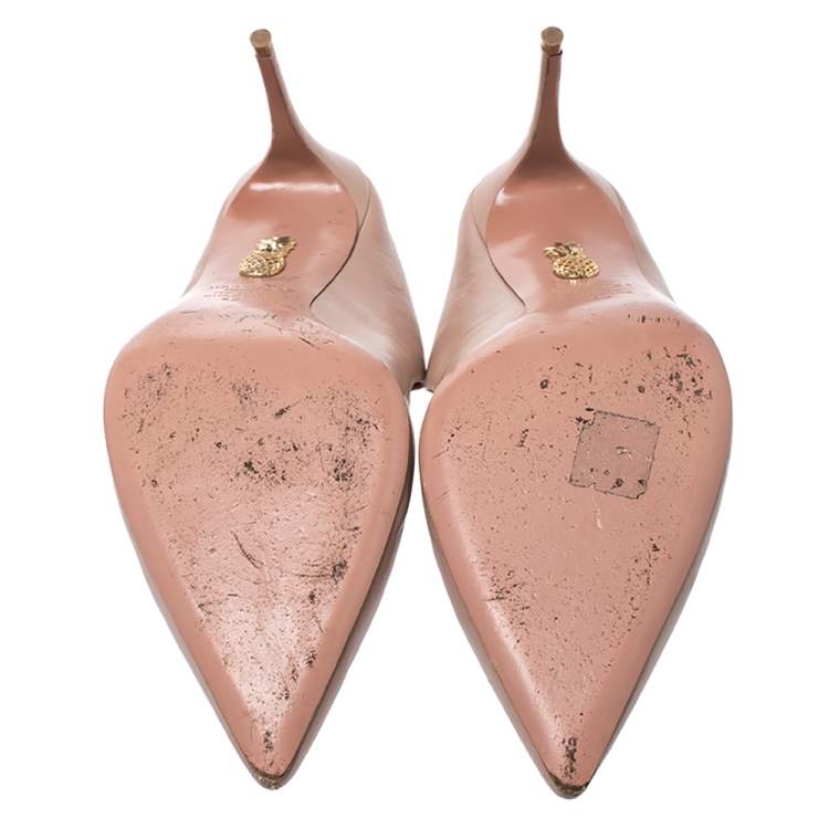Pre Owned Aquazzura Nude Beige Faux Pearl Embellished Leather Nolita Mules Size 42