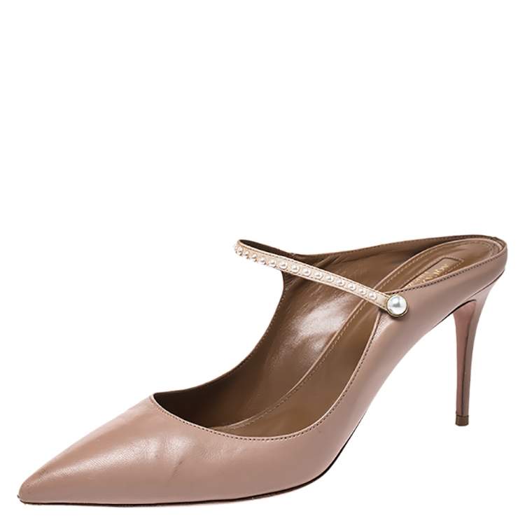 Pre Owned Aquazzura Nude Beige Faux Pearl Embellished Leather Nolita Mules Size 42