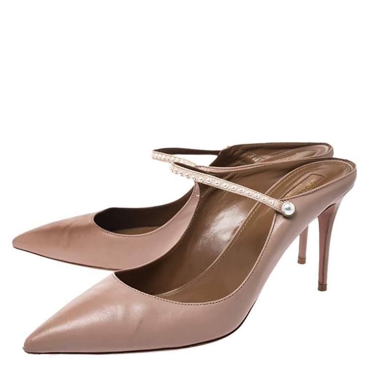 Pre Owned Aquazzura Nude Beige Faux Pearl Embellished Leather Nolita Mules Size 42
