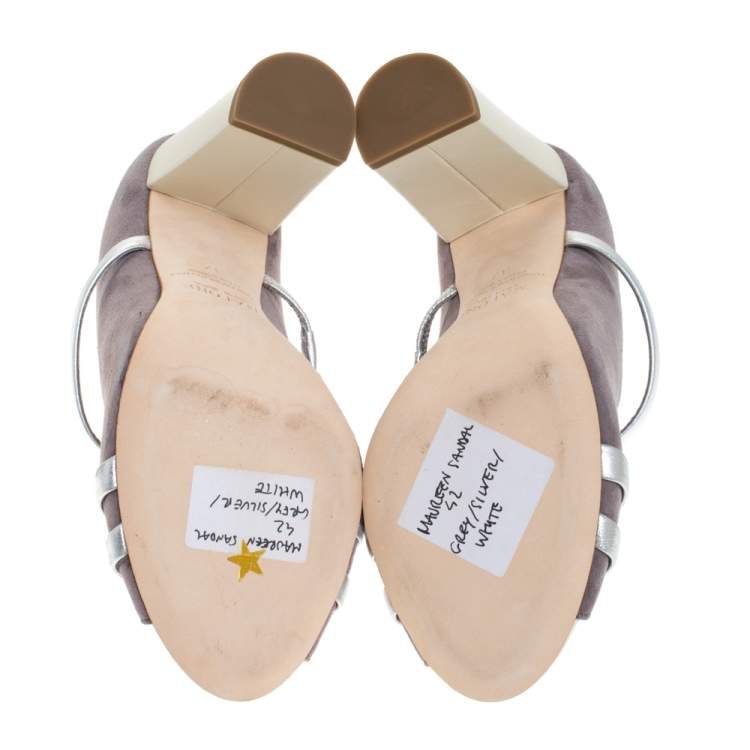 Pre Owned Malone Souliers Grey/Silver Suede and Leather Maureen Block Heel Sandals Size 37