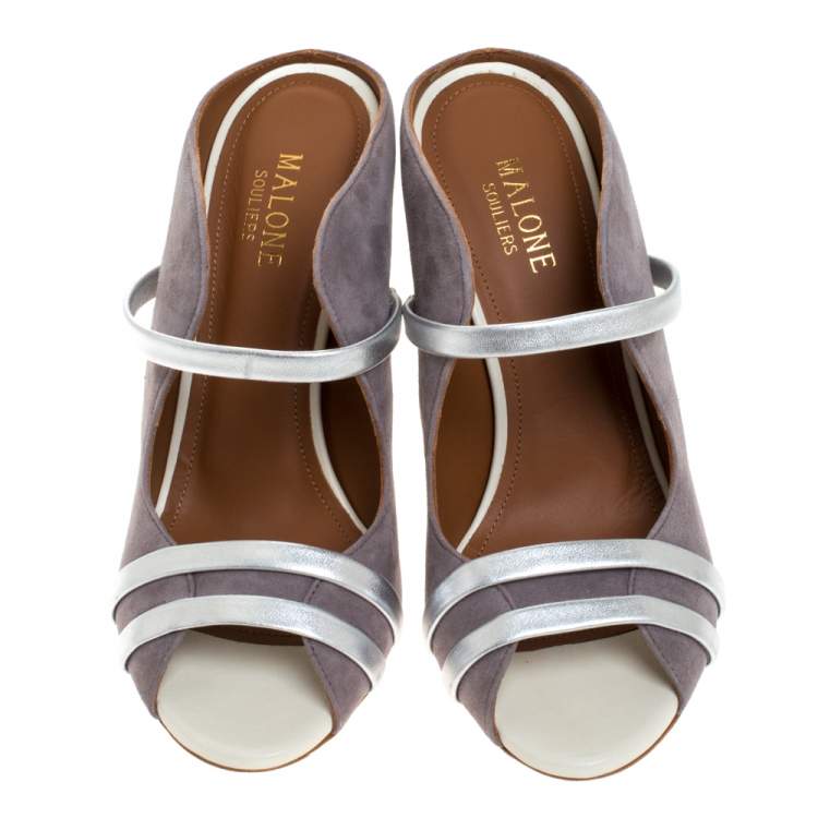 Pre Owned Malone Souliers Grey/Silver Suede and Leather Maureen Block Heel Sandals Size 37