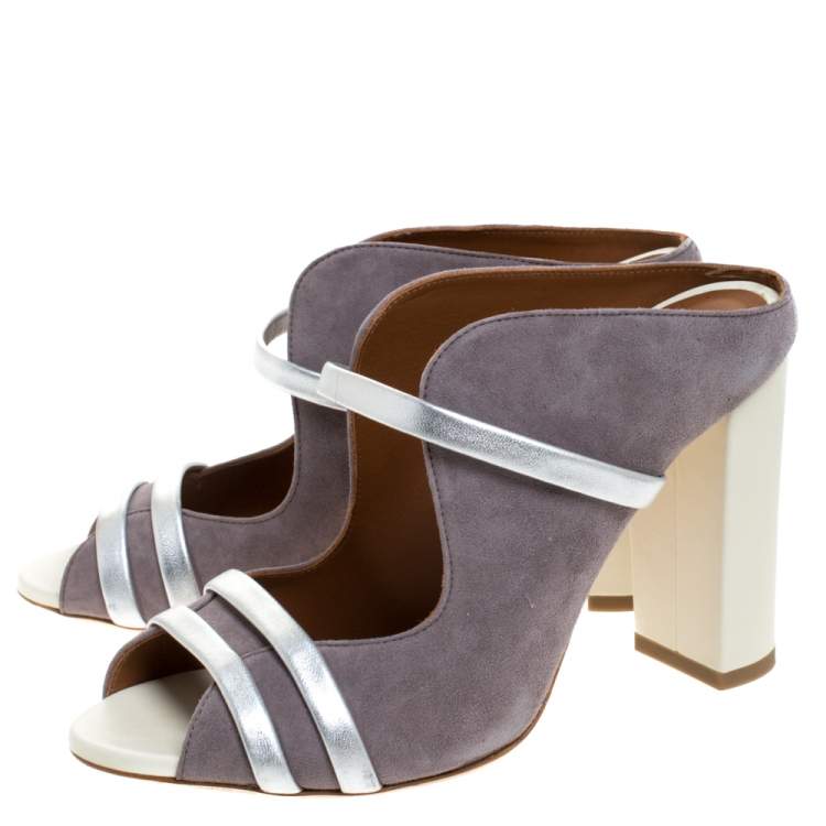 Pre Owned Malone Souliers Grey/Silver Suede and Leather Maureen Block Heel Sandals Size 37