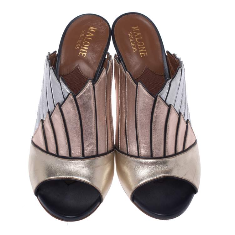 Pre Owned Malone Souliers Multicolor Metallic Leather Donna Open Toe Mules Size 37