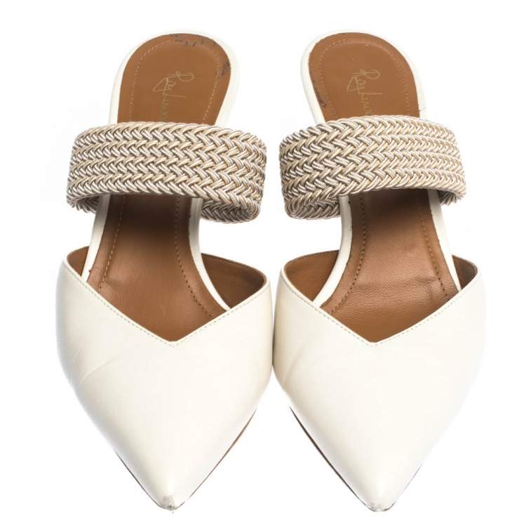 Pre Owned Malone Soulier Cream Leather And Elastic Maisie Pointed Toe Mules Size 38.5