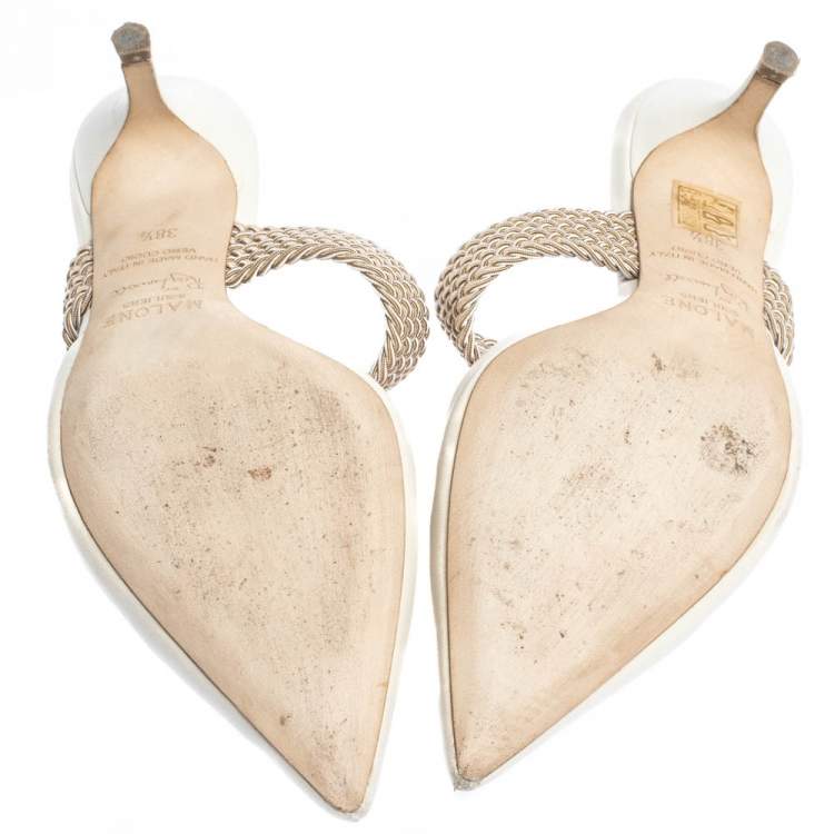 Pre Owned Malone Soulier Cream Leather And Elastic Maisie Pointed Toe Mules Size 38.5