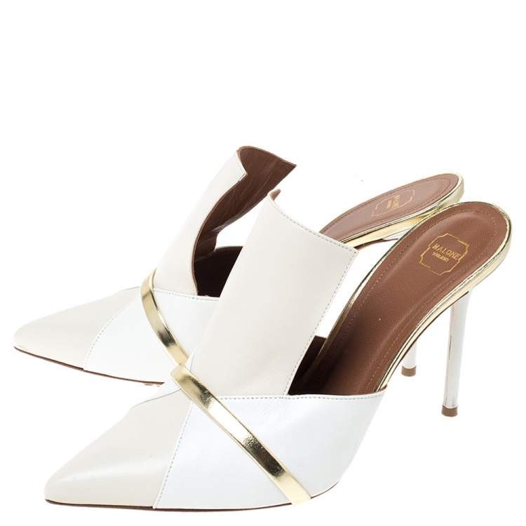 Pre Owned Malone Souliers White/Beige Leather Danielle Mules Size 38.5