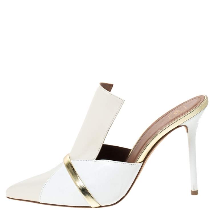 Pre Owned Malone Souliers White/Beige Leather Danielle Mules Size 38.5