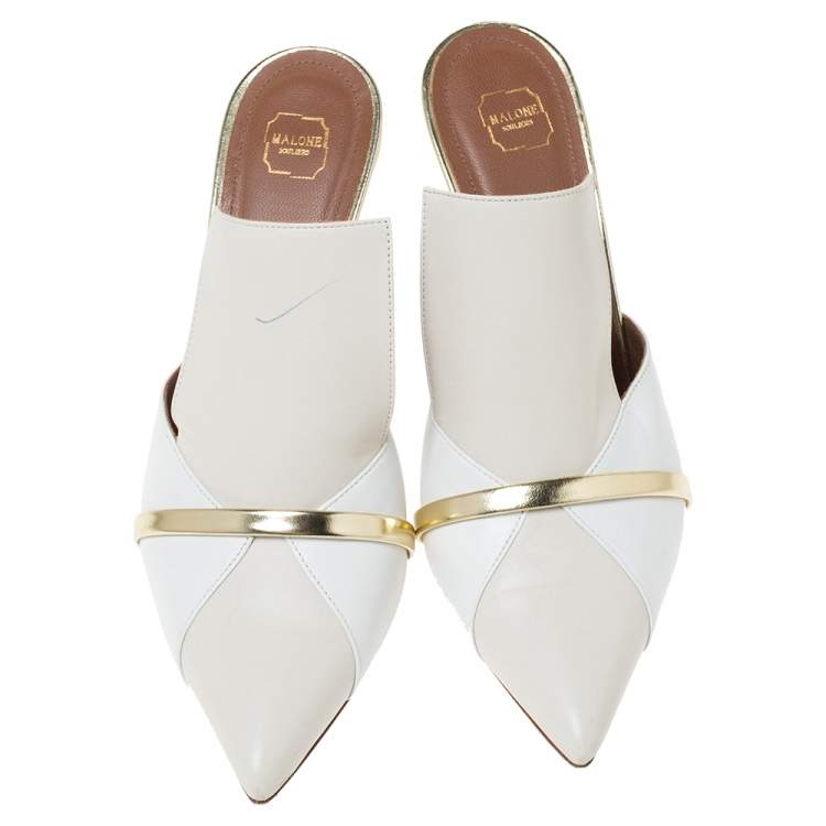 Pre Owned Malone Souliers White/Beige Leather Danielle Mules Size 38.5