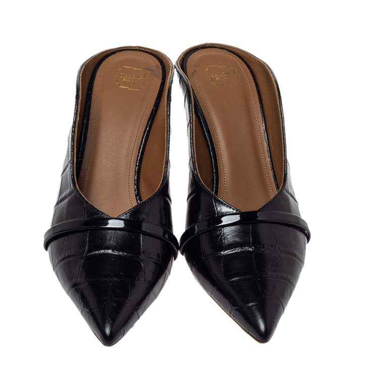 مملوكة مسبقًا Malone Souliers Black Croc Embossed Leather Constance Mules Size 38