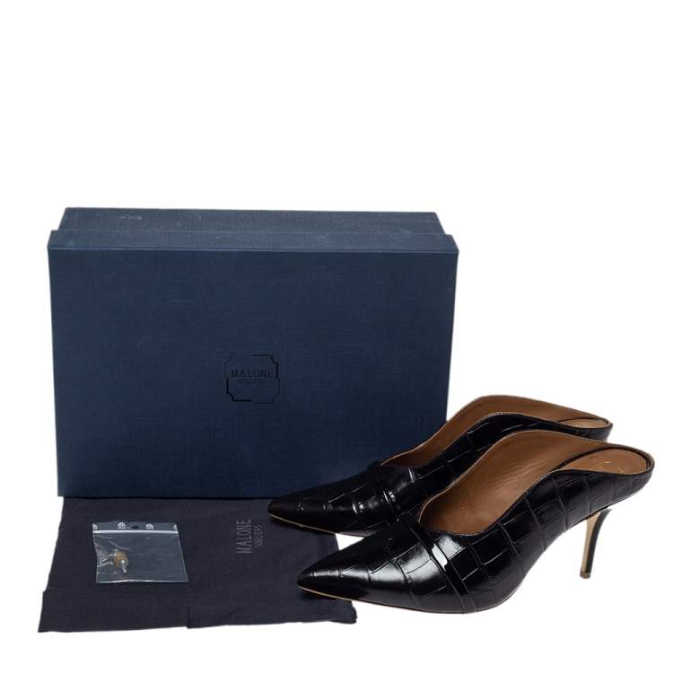 مملوكة مسبقًا Malone Souliers Black Croc Embossed Leather Constance Mules Size 38