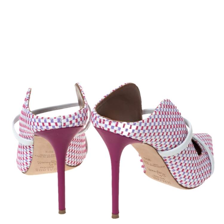 Pre Owned Malone Souliers Multicolor Woven Raffia And White Trim Maureen Pointed Toe Mules Size 39.5