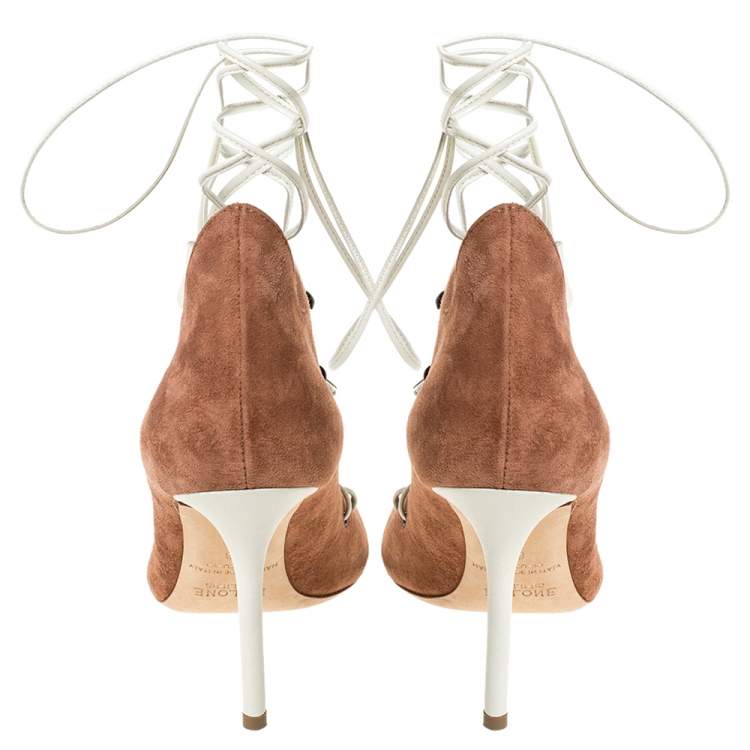 مملوكة مسبقًا Malone Souliers Brown Suede And White Leather Savannah Ankle Wrap Sandals Size 36