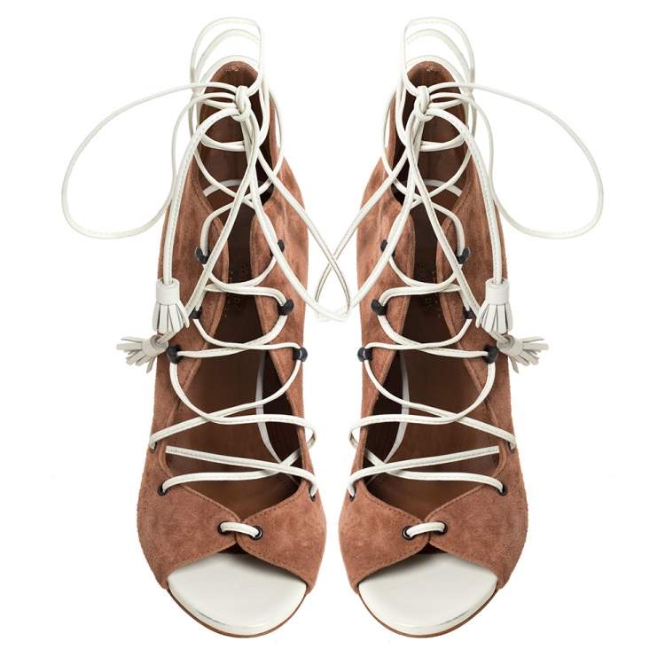 مملوكة مسبقًا Malone Souliers Brown Suede And White Leather Savannah Ankle Wrap Sandals Size 36