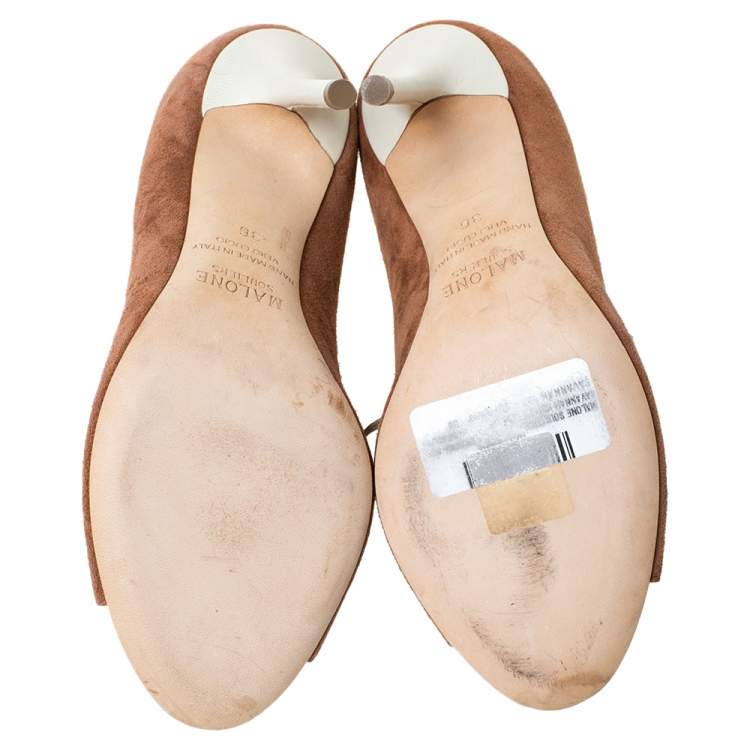 مملوكة مسبقًا Malone Souliers Brown Suede And White Leather Savannah Ankle Wrap Sandals Size 36