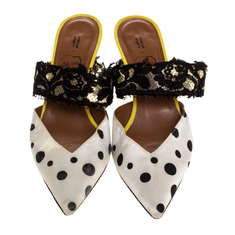 مملوكة مسبقًا Malone Souliers x Emanuel Ungaro White/Black Polka Dot Satin And Lace Maisie Pointed Toe Mules Size 38.5