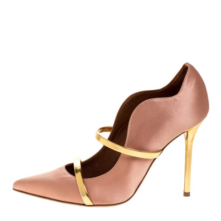 مملوكة مسبقًا Malone Souliers Brown Satin And Leather Maureen Pointed Toe Pumps Size 38.5 