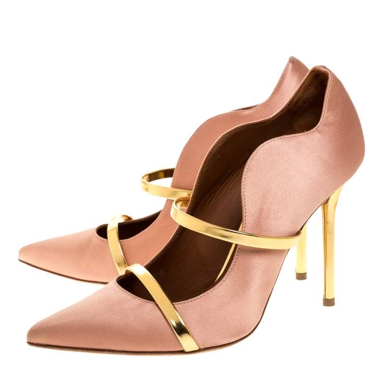 مملوكة مسبقًا Malone Souliers Brown Satin And Leather Maureen Pointed Toe Pumps Size 38.5 