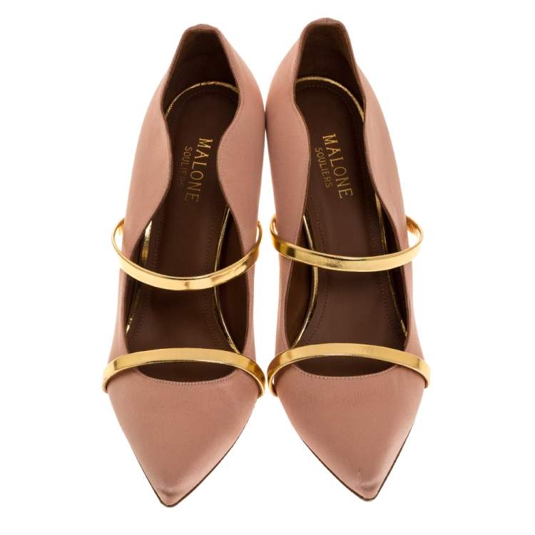 مملوكة مسبقًا Malone Souliers Brown Satin And Leather Maureen Pointed Toe Pumps Size 38.5 