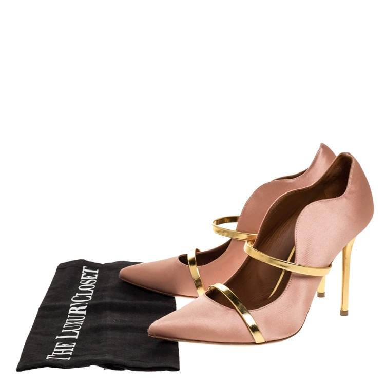 مملوكة مسبقًا Malone Souliers Brown Satin And Leather Maureen Pointed Toe Pumps Size 38.5 