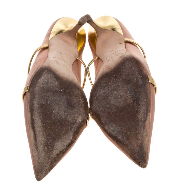 Pre Owned Malone Souliers Beige Satin and Gold Trim Leather Maureen Pointed Toe Mules Size 39