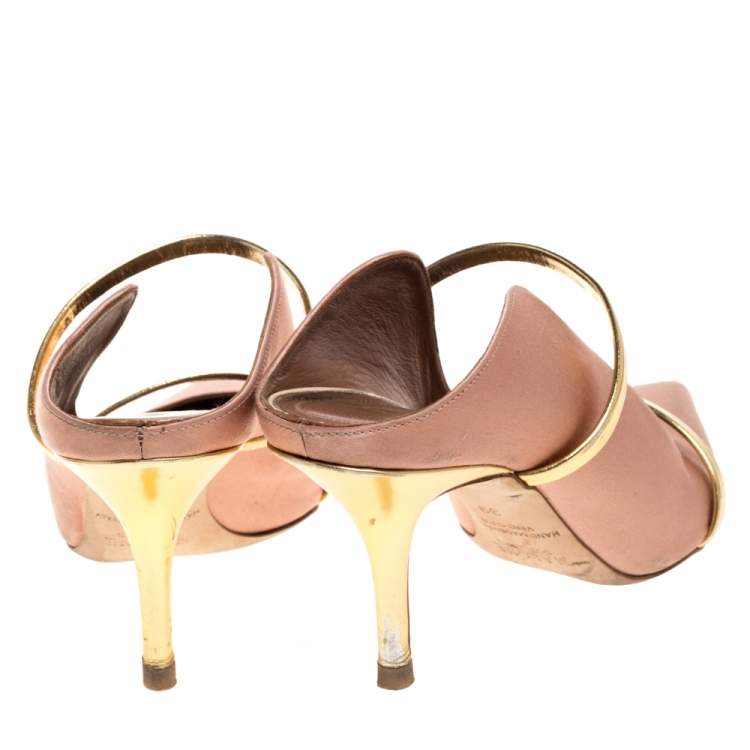 Pre Owned Malone Souliers Beige Satin and Gold Trim Leather Maureen Pointed Toe Mules Size 39