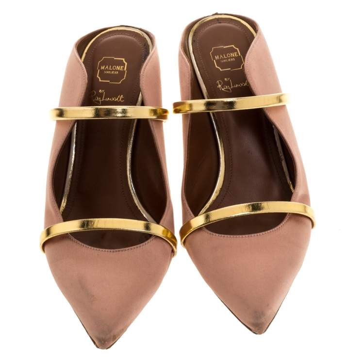 Pre Owned Malone Souliers Beige Satin and Gold Trim Leather Maureen Pointed Toe Mules Size 39