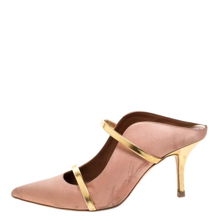 Pre Owned Malone Souliers Beige Satin and Gold Trim Leather Maureen Pointed Toe Mules Size 39
