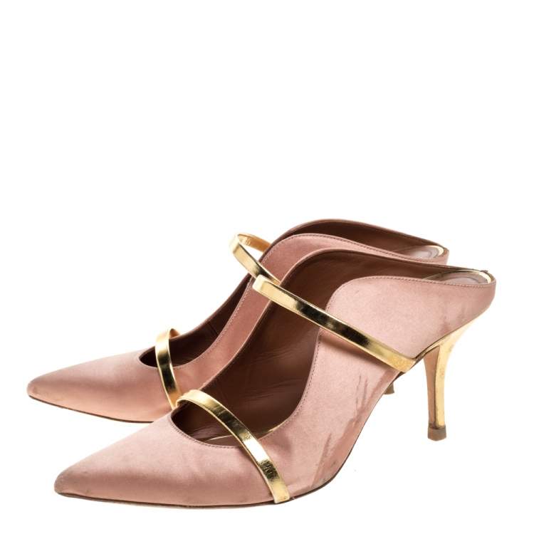 Pre Owned Malone Souliers Beige Satin and Gold Trim Leather Maureen Pointed Toe Mules Size 39