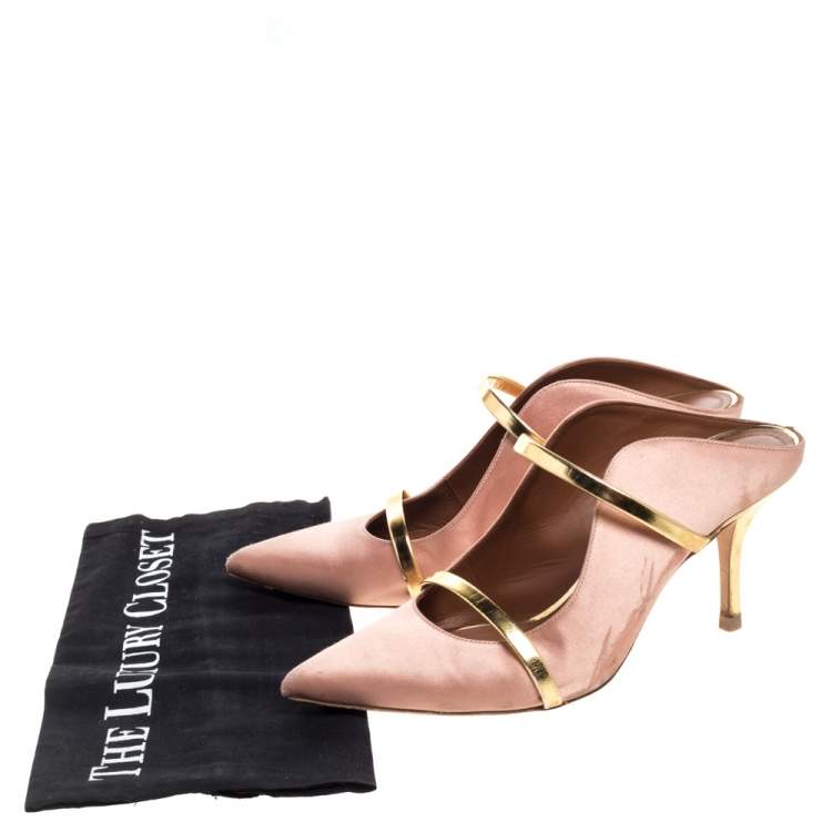 Pre Owned Malone Souliers Beige Satin and Gold Trim Leather Maureen Pointed Toe Mules Size 39