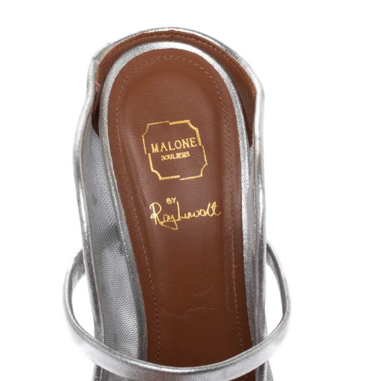 Pre Owned Malone Souliers By Roy Luwolt Silver Mesh And Velvet Marguerite Bow Mules Size 39