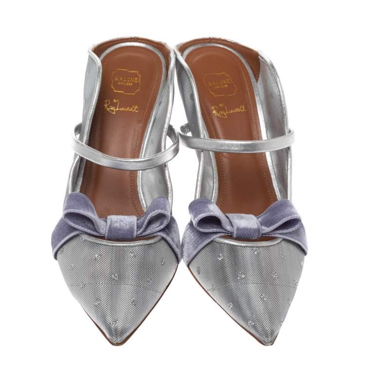 Pre Owned Malone Souliers By Roy Luwolt Silver Mesh And Velvet Marguerite Bow Mules Size 39