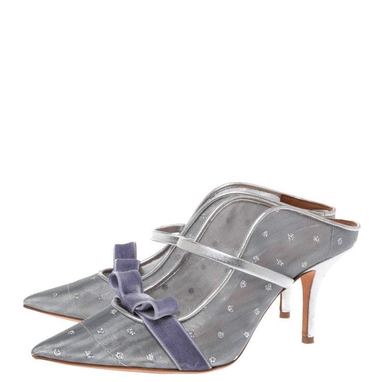 Pre Owned Malone Souliers By Roy Luwolt Silver Mesh And Velvet Marguerite Bow Mules Size 39