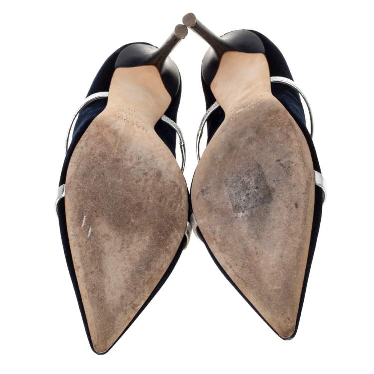 Pre Owned Malone Souliers Blue Velvet Maureen Pointed Toe Mules Size 38