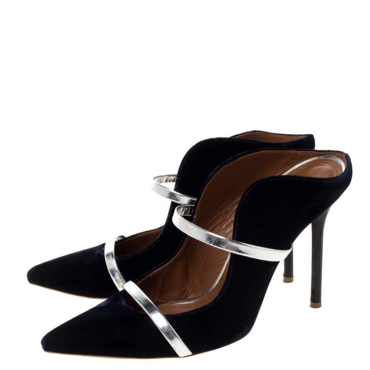 Pre Owned Malone Souliers Blue Velvet Maureen Pointed Toe Mules Size 38