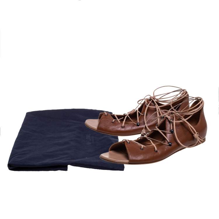Pre Owned Malone Souliers Brown Leather Savannah Ankle Wrap Flats Size 41