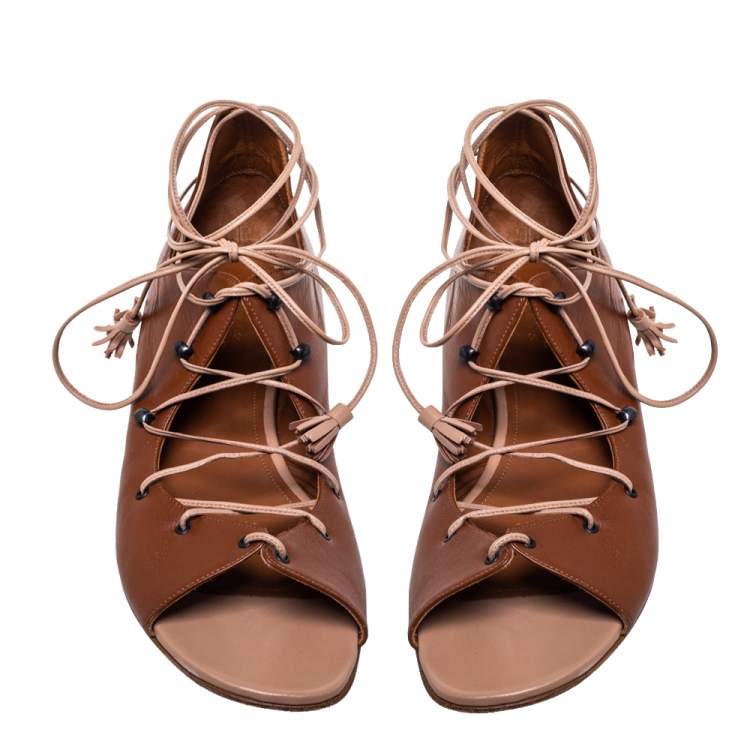 Pre Owned Malone Souliers Brown Leather Savannah Ankle Wrap Flats Size 41