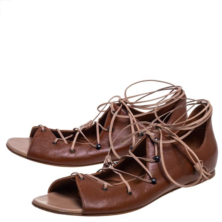 Pre Owned Malone Souliers Brown Leather Savannah Ankle Wrap Flats Size 41